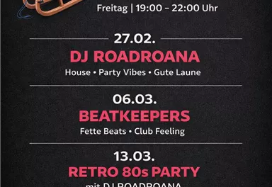 Eine Einladung zur Rodel House Party auf der Blattlalm mit verschiedenen DJ-Events. Die Veranstaltungen bieten eine Mischung aus House-Musik und 80er-Jahre-Partyhits.