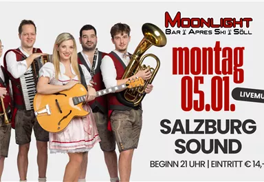 Eine Band namens Salzburg Sound steht in traditioneller Tracht. Sie spielt am Montag, den 05. Januar, im Moonlight Bar in Söll mit Livemusik.