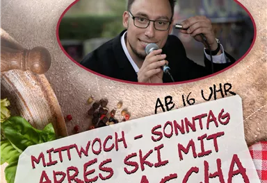 Ein Werbebanner für das "Hexenalm" Restaurant. Es zeigt DJ Sascha Schunk, der eine Mahlzeit genießt, und informiert über Après-Ski-Events von Mittwoch bis Sonntag.