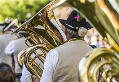 Eine Gruppe von Musikern spielt Blasinstrumente in traditioneller Kleidung. Im Hintergrund sind schöne Grünflächen sichtbar.