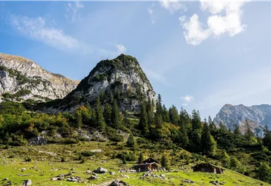 Eine malerische Berglandschaft mit hohen Felsen und saftigem Grün. Im Vordergrund sind einfache Hütten und Nadelbäume zu sehen.