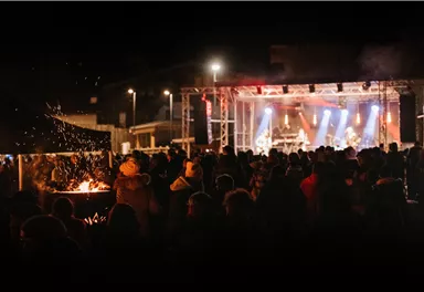 Eine lebhafte Open-Air-Veranstaltung mit einer großen Menschenmenge. Auf der Bühne spielen Musiker bei Nacht, umgeben von bunten Lichtern.