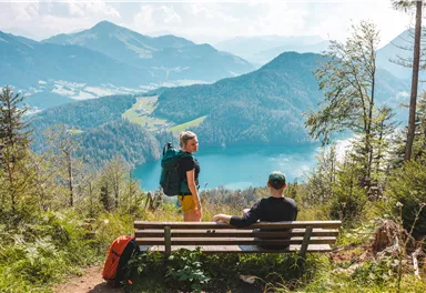 Eine malerische Berglandschaft mit grünen Wiesen und hohen Bäumen. Im Vordergrund sind einige rustikale Hütten sichtbar.