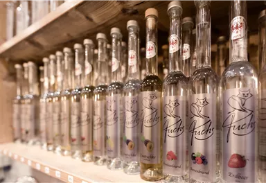 A series of clear bottles filled with various fruit brandies stands on a wooden shelf. The bottles are nicely labeled and showcase a variety of fruit aromas.