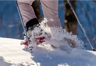 A person is skiing in the snow. Snow is spraying up as they move.