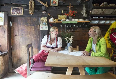 Autumn leaves in warm yellow tones hang from a branch. The light gently shines through the leaves.