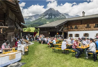 Ein lebendiges Almfest mit vielen Menschen, die an Tischen im Freien sitzen. Im Hintergrund sind malerische Berge und traditionelle Holzhäuser zu sehen.