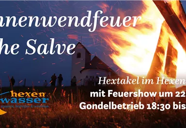 Ein plakativer Hintergrund für ein Event mit einem großen Feuer. Es zeigt Informationen zum Sonnenwendfeuer mit Datum und Uhrzeiten.