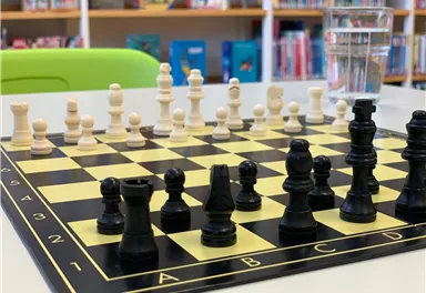 Ein Schachbrett mit schwarzen und weißen Figuren steht auf einem Tisch. Im Hintergrund sind Regale mit Büchern zu sehen.