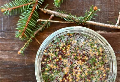 A glass with colorful mustard and herbs is on a wooden table. Next to the glass are pine branches.