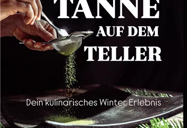 An elegant dish with a hand sprinkling a fine herb mixture over a plate. The title "Fir on the Plate" suggests a winter culinary experience.