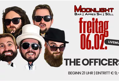 Eine Veranstaltungsankündigung für ein Live-Musik-Event. Fünf Musiker mit unterschiedlichen Stilen und Accessoires sind abgebildet.