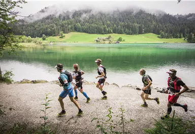 Eine Gruppe von Läufern joggt entlang eines ruhigen Sees. Im Hintergrund sind grüne Wiesen und bewaldete Berge sichtbar.