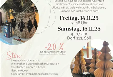 A flyer for an event at a shop and café called Fika Bunt. It describes a cozy Christmas season with offers and opening hours.