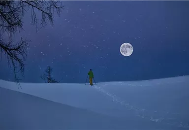 A skier stands in the snowy landscape under the full moon. The sky is dark blue and it is snowing lightly.