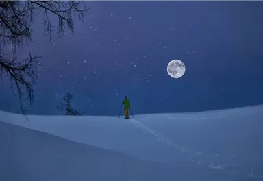A skier stands in the snowy landscape under the full moon. The sky is dark blue and it is snowing lightly.