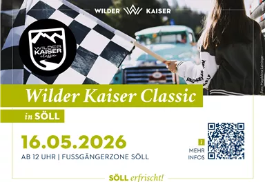 Ein Plakat für die Wilder Kaiser Classic in Söll, das am 16. Mai 2026 stattfindet. Es zeigt eine Person mit einer schwarz-weißen Schachflagge und Informationen zur Veranstaltung.