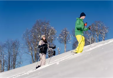 Zwei Personen wandern auf einem verschneiten Hang. Der Himmel ist klar und blau, umgeben von schneebedeckten Bäumen.