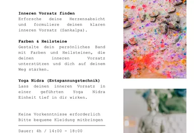 Eine Einladung zu einem Workshop namens "Herzensweg" mit Informationen über Inhalte wie Meditation, Farben und Materialien. Bilder von Steinen und einer Buddha-Statue ergänzen den Text.