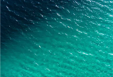 Ein klarer Ozean mit sanften Wellen. Die Wasseroberfläche schimmert in verschiedenen Grüntönen.
