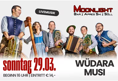 Eine Gruppe von Musikern steht zusammen und spielt traditionelle Instrumente. Am Sonntag, den 29.03., findet im Moonlight Bar in Söll ein Live-Event statt.