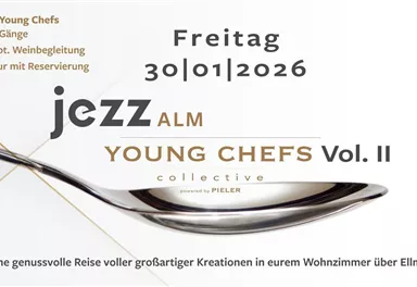 Ein elegantes Plakat für eine kulinarische Veranstaltung mit dem Titel "Young Chefs Vol. II". Es zeigt Details zu einem fünfgängigen Menü, das von drei jungen Köchen am 30. Januar 2026 angeboten wird.