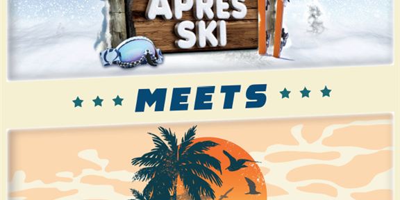 Eine Veranstaltungspromotion für „Après Ski“ trifft auf „Summer Feeling“ am 12. April 2025 im Sportplatz Ellmau. Die Grafik zeigt eine Mischung aus winterlicher und sommerlicher Atmosphäre mit Ski und Palmen.