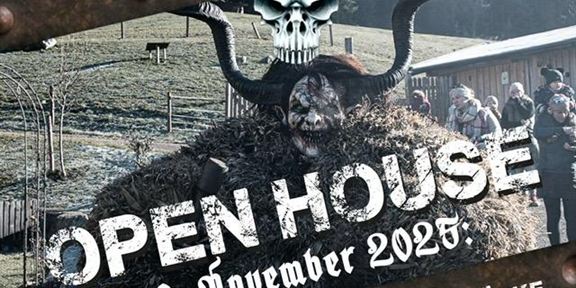 An event announcement for an "Open House" on November 8, 2023, in the Söller Room. The graphic showcases an impressive room design featuring animal horns and a skull.