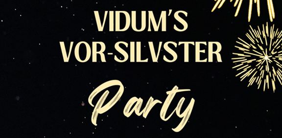 Ein einladendes Party-Design für Vidums Vor-Silvester-Feier. Es zeigt festliche Schriftzüge und Feuerwerksmuster auf schwarzem Hintergrund.
