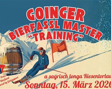 Ein Vintage-Plakat für den Goinger Bierfassl Master "Training" am Sonntag, 15. März 2026. Es zeigt einen Skifahrer auf einer Piste mit einer Winterlandschaft im Hintergrund.