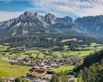 Eine beeindruckende Berglandschaft mit grünen Wiesen und einem klaren Himmel. Im Vordergrund sind kleine Häuser und geschäftige Felder zu sehen.
