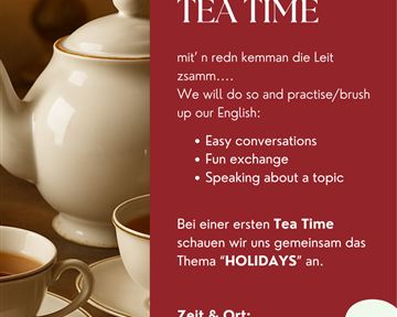 An inviting tea time event featuring a teapot, cups, and cookies. The event encourages conversations and exchanges on the topic of "vacations."