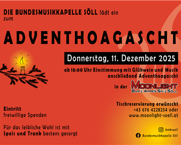 An inviting poster for the Advent event of the Federal Music Band Söll. It contains information about the date, time, and the offered food and drinks.