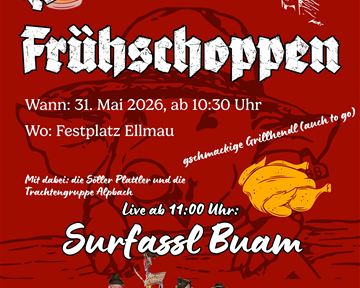 Ein Plakat für das Jubiläum "10 Jahre Frühschoppen". Es enthält Informationen zu Datum, Uhrzeit und Veranstaltungsort sowie das Programm mit einer Live-Band.