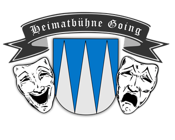 Ein Logo der Heimatbühne Going mit zwei Theatermasken, die Freude und Traurigkeit darstellen. Im Hintergrund ist ein Wappen mit blauen und weißen Elementen.