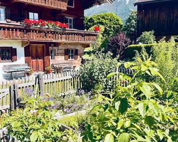 A traditional wooden house with flower boxes and a beautiful garden. In the background, mountains and a blue sky can be seen.