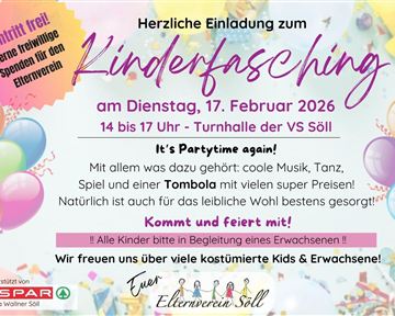 Einladungsplakat zum Kinderfasching am 17. Februar 2026. Es werden Musik, Tanz, Spiele und eine Tombola für Kinder und Erwachsene angeboten.