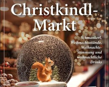 A festive Christmas market announcement featuring a snow globe with a squirrel inside. Below are details about the smallest Ellmauer Christkindl market on December 12.