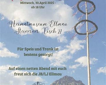 A poster for the Maypole Festival in Ellmau. It shows the venue and details of the celebration with a mountain panorama in the background.