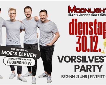 A group of four men in gray T-shirts stands together and smiles. In the background, "New Year's Eve Party" and information about an event are visible.