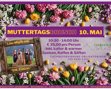 A cheerful Mother's Day brunch poster with colorful flowers and images of musicians. It displays details about the date, time, and price of the event at Gruberhof.