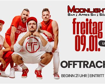 Eine Band namens Offtracks posiert in sportlicher Kleidung. Das Bild bewirbt ein Live-Musik-Event in der Bar Moonlight am Freitag, den 09.01.