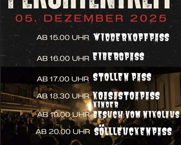 The image shows an event poster for the Perchten meeting on December 5, 2025. Various program points and their times are listed.