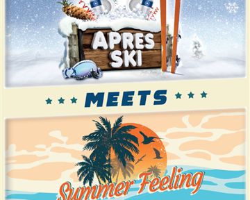 An event promotion for "Après Ski" meets "Summer Feeling" on April 12, 2025, at the Sportplatz Ellmau. The graphic shows a blend of winter and summer atmosphere with skis and palm trees.