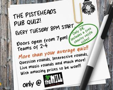 Ein Werbeplakat für ein Pub-Quiz, das jeden Dienstag um 20 Uhr im The Mill Irish Pub stattfindet. Es enthält Informationen zu Teams, Preisen und interaktiven Runden.