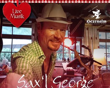 A musician plays saxophone in a cozy atmosphere. The event is themed "Live Music".