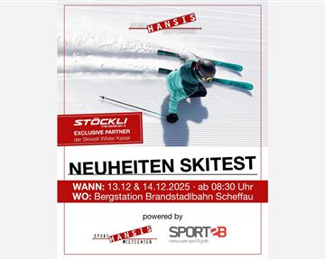 A promotional poster for a ski test. The event will take place on December 13 and 14, 2025, in Scheffau.