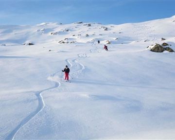 Zwei Skifahrer fahren durch tiefen, frischen Schnee in einer weiten, winterlichen Landschaft. Der Himmel ist klar und blau.