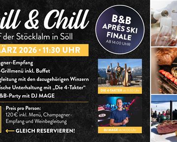 Ein Event-Plakat für „Grill & Chill“ jeden zweiten Sonntag im Stockklam. Es zeigt Termine, ein Grillmenü, tolle Weine und musikalische Unterhaltung.