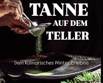 An elegant dish with a hand sprinkling a fine herb mixture over a plate. The title "Fir on the Plate" suggests a winter culinary experience.